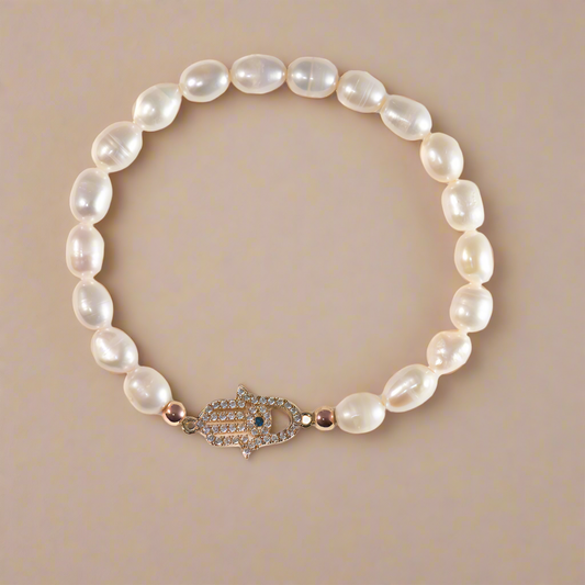 White Pearl Hamsa Bracelet