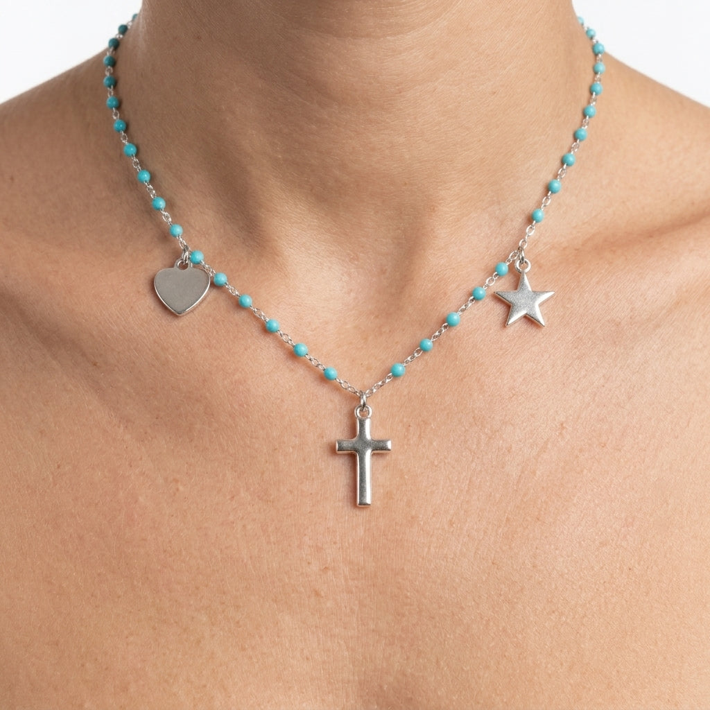 Beaded Charm Necklace — Neckline Form Shot | Generated by Modelize
